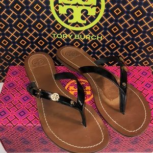 Tory Burch Brown Leather Sandals with Black Patent Straps